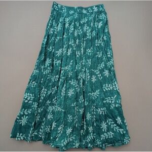 Phool Crinkle Tiered Midi Boho Peasant Skirt Hippie Sz M Blue/Green Floral